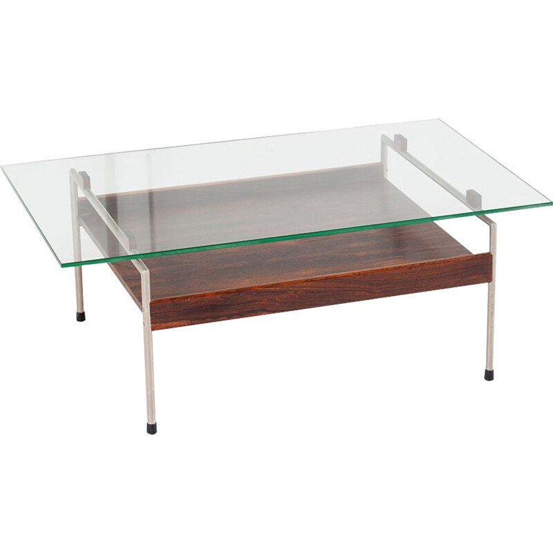 Vintage metal and rosewood coffee table with glass top by Fristho, 1960