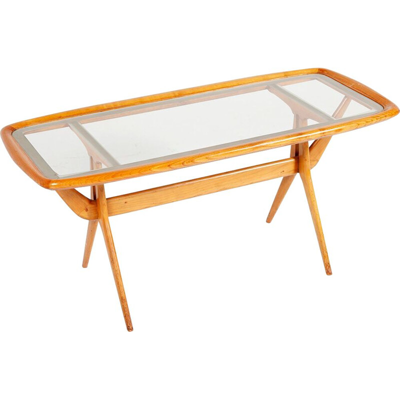 Vintage coffee table in cherry wood and glass by Cesare Lacquer for Cassina, Italy 1960