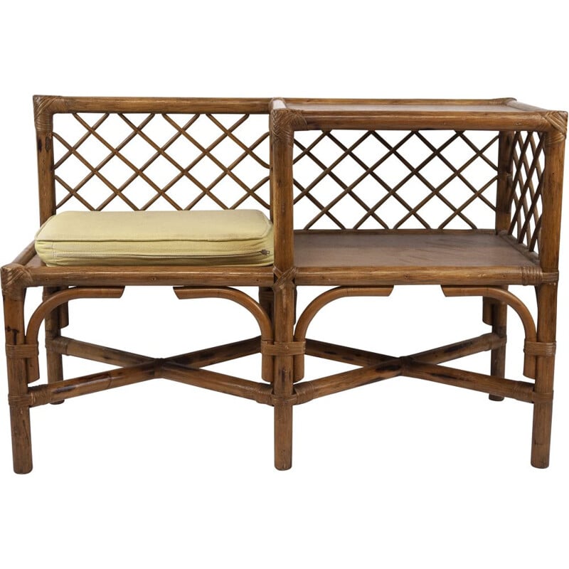 Vintage bamboo and rattan telephone bench, 1970s