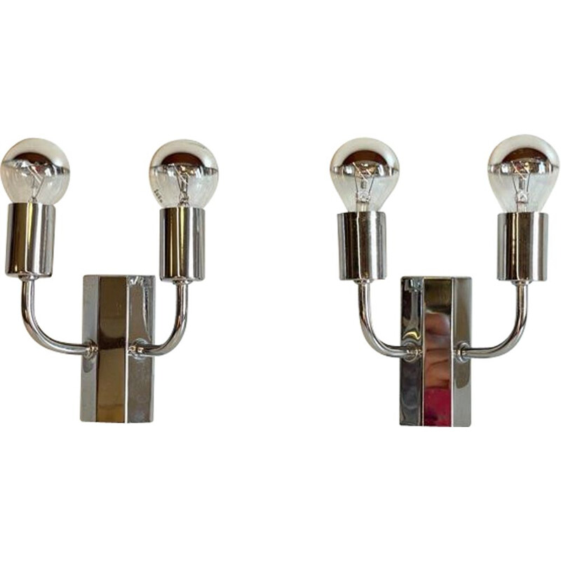 Pair of vintage wall lamps in chrome plated steel, 1970