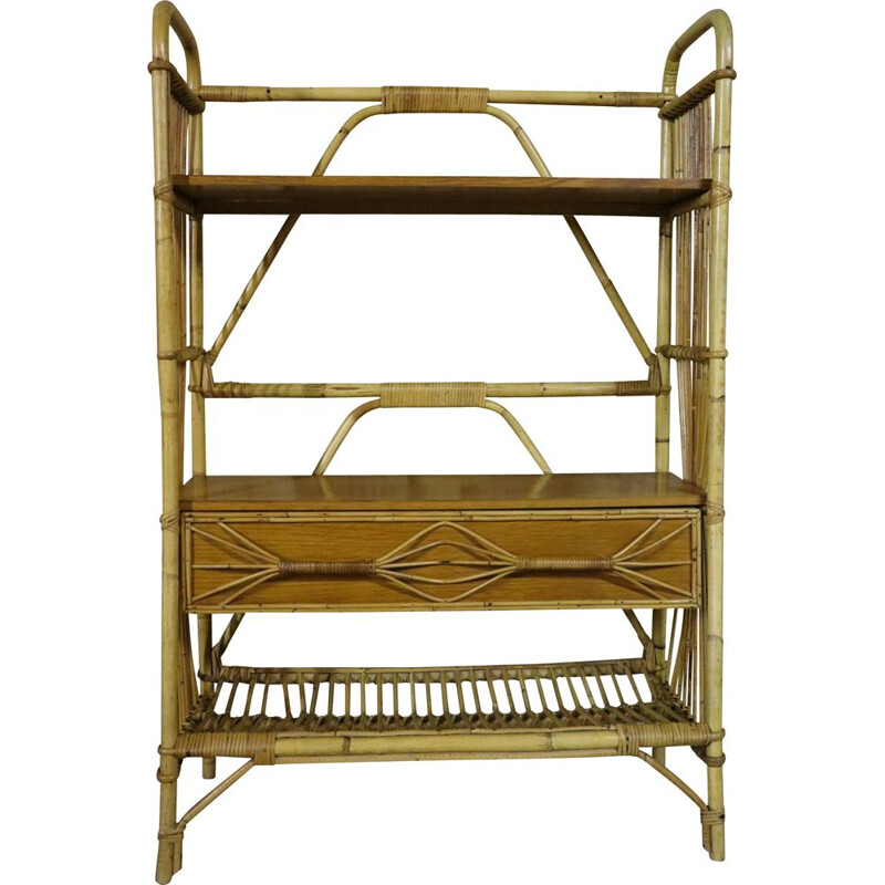 Vintage shelf in rattan and wood, 1960-1970