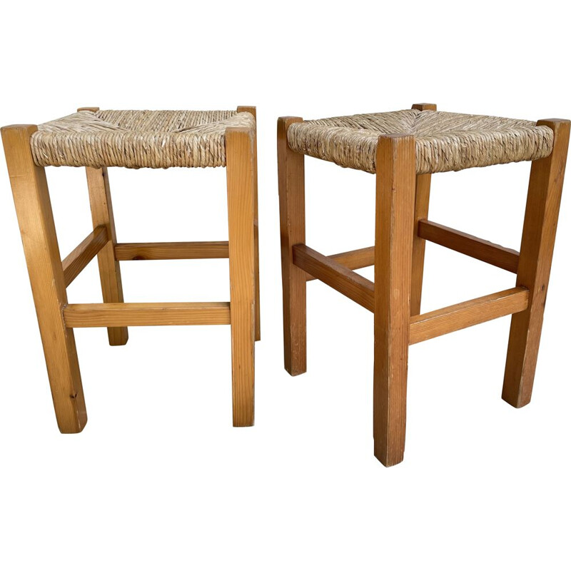 Vintage wood and straw stool