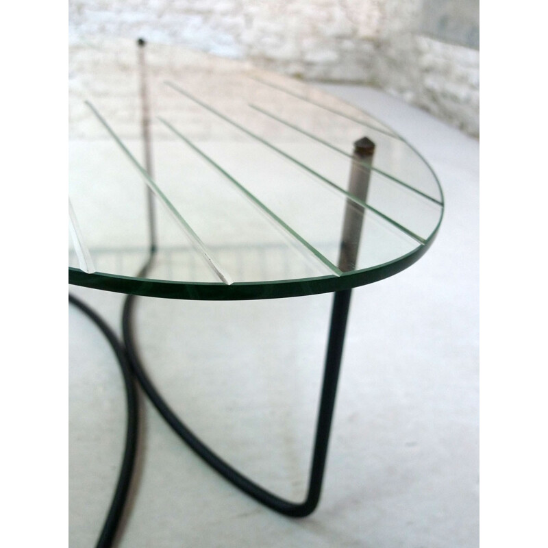Table basse vintage en verre biseauté et métal, Jacques HITIER - 1950