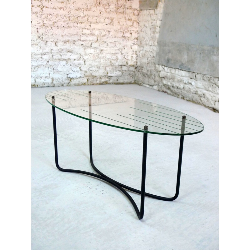 Table basse vintage en verre biseauté et métal, Jacques HITIER - 1950