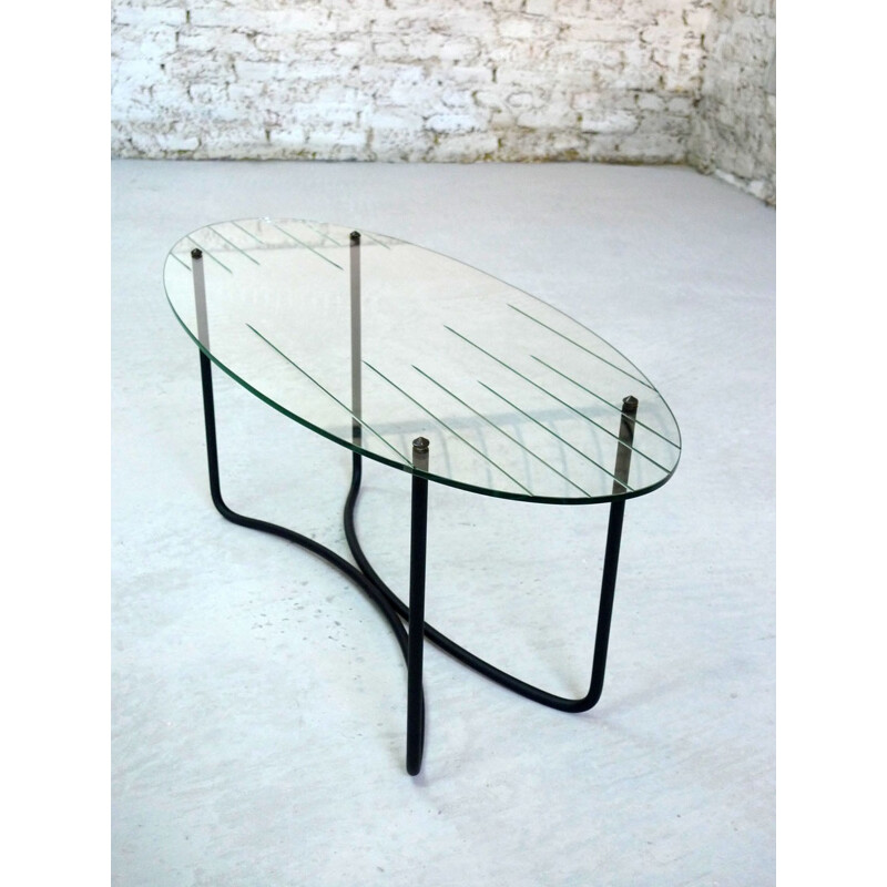 Table basse vintage en verre biseauté et métal, Jacques HITIER - 1950