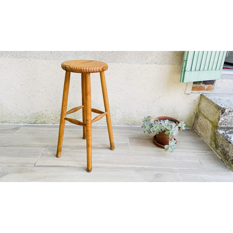 Vintage high stool in turned wood, 1970-1980