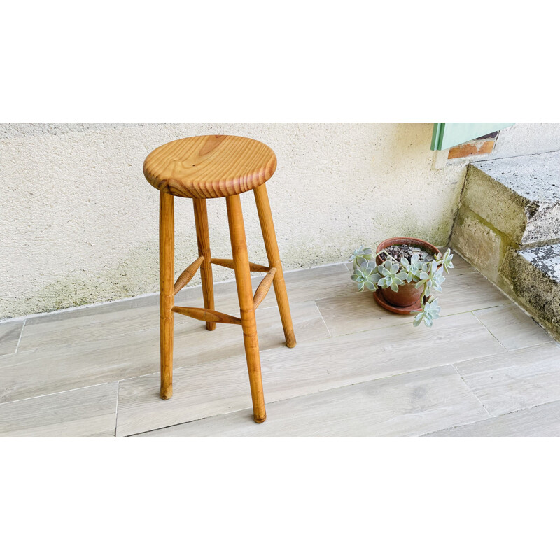 Tabouret haut vintage en bois tourné, 1970-1980