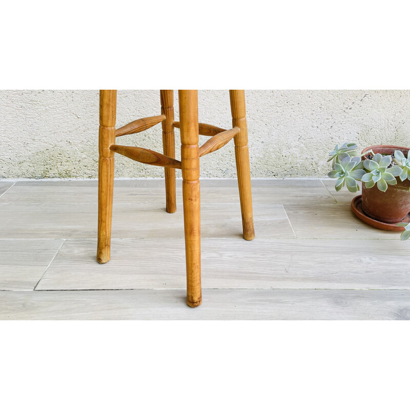 Tabouret haut vintage en bois tourné, 1970-1980