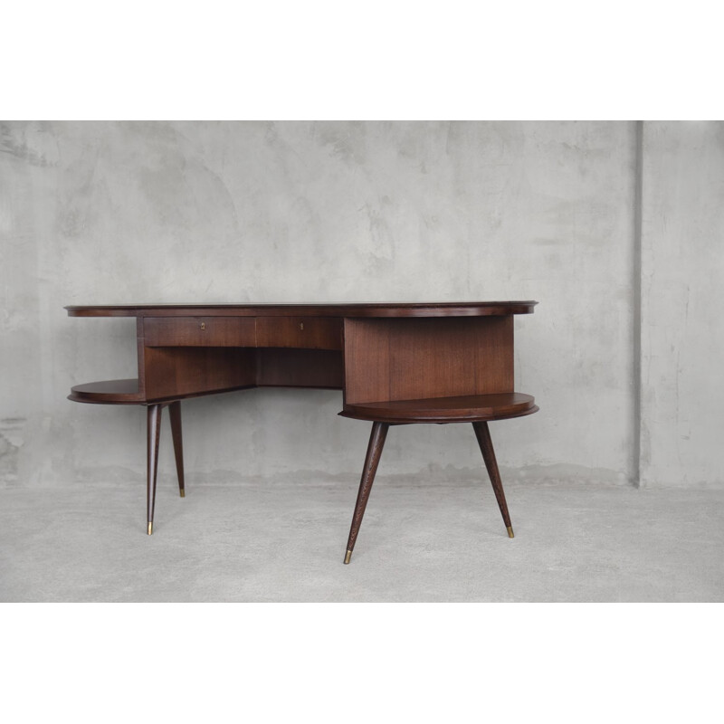 Customized vintage boomerang desk in wenge wood with organic shape, Netherlands 1960