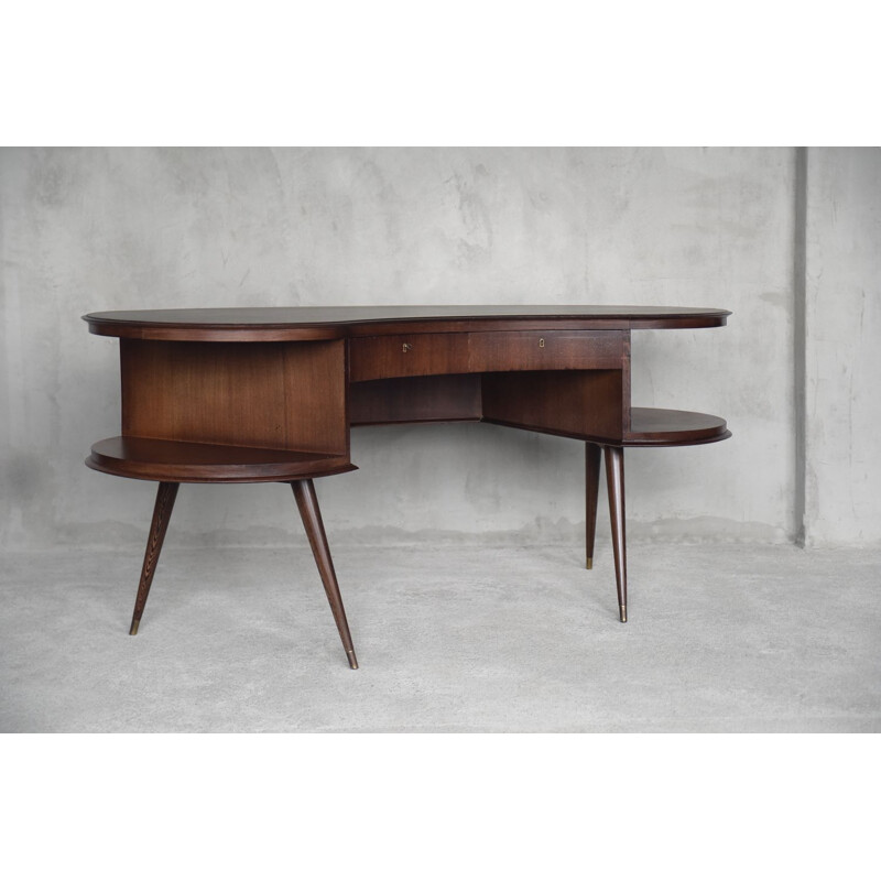 Customized vintage boomerang desk in wenge wood with organic shape, Netherlands 1960