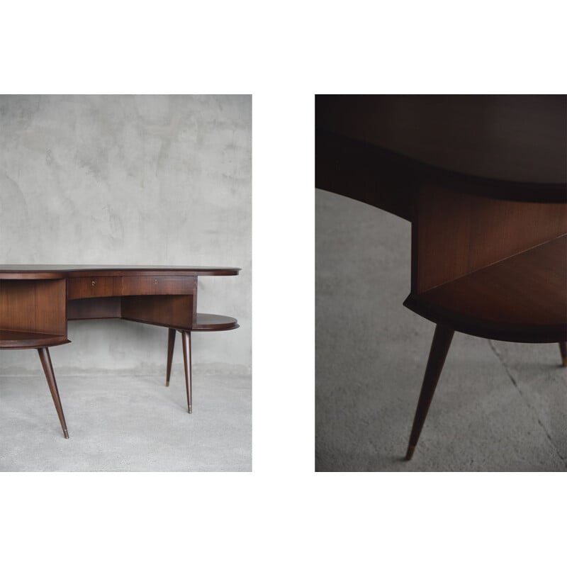 Customized vintage boomerang desk in wenge wood with organic shape, Netherlands 1960