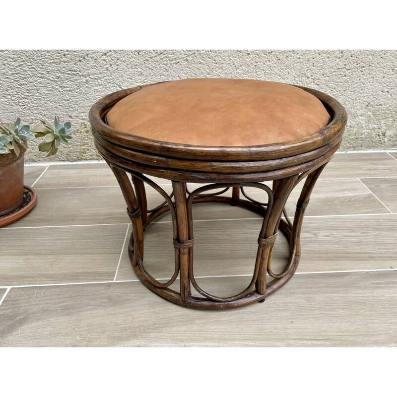 Rattan and leather vintage pouffe