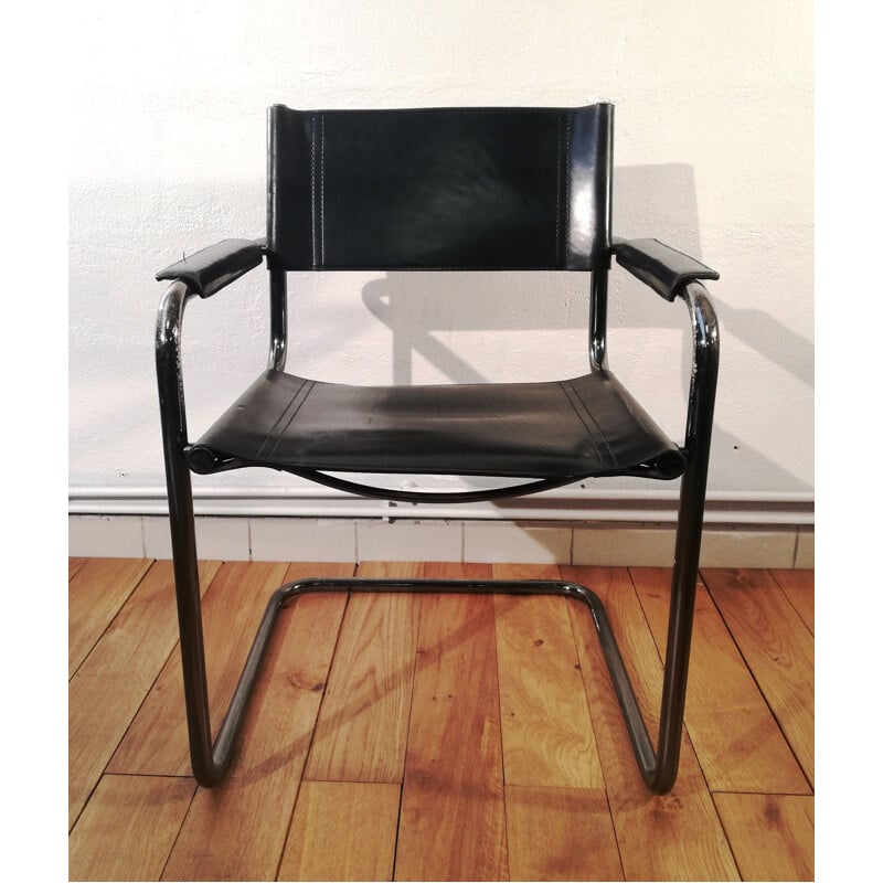 Vintage B34 chair in black leather and aluminum frame by Marcel Breuer