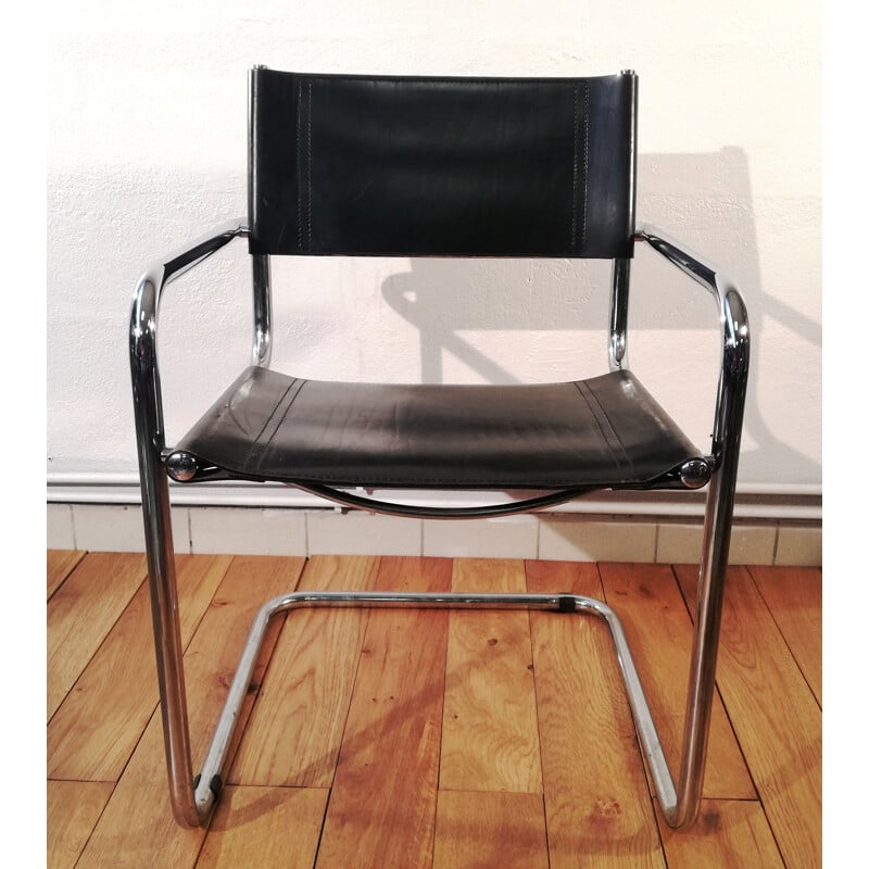 Vintage B34 chair in black leather and aluminum frame by Marcel Breuer