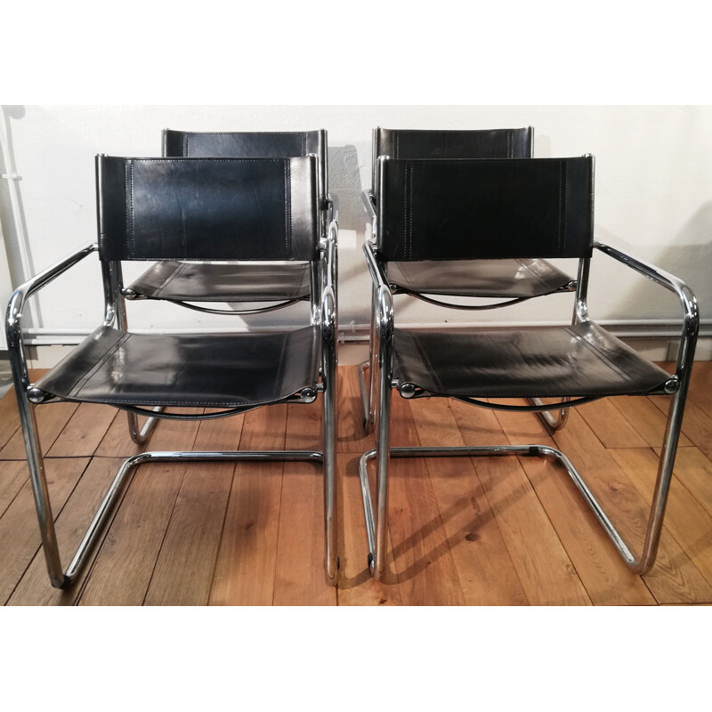 Vintage B34 chair in black leather and aluminum frame by Marcel Breuer