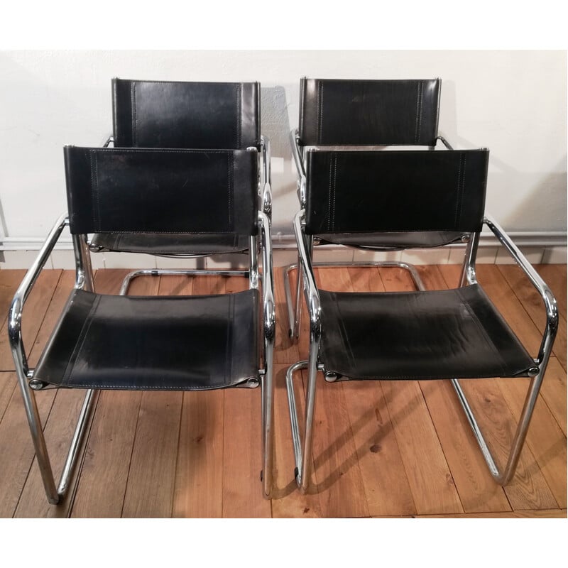 Vintage B34 stoel in zwart leer en aluminium frame van Marcel Breuer