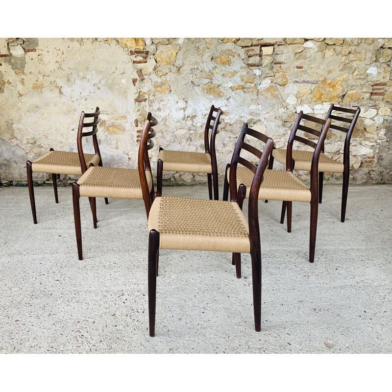 Ensemble de 6 chaises vintage en palissandre par Niels Moller pour J L Møller Møbelfabrik, Danemark 1960