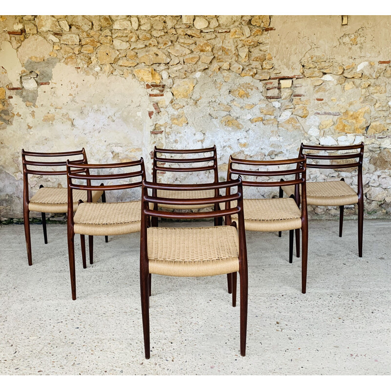 Conjunto de 6 cadeiras de pau-rosa vintage de Niels Moller para J L Møller Møbelfabrik, Dinamarca 1960