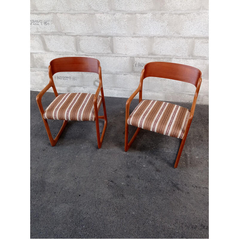 Pair of vintage Baumann armchairs in teak and fabric, 1960