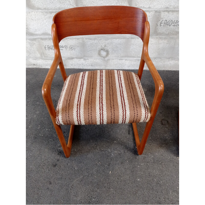 Pair of vintage Baumann armchairs in teak and fabric, 1960