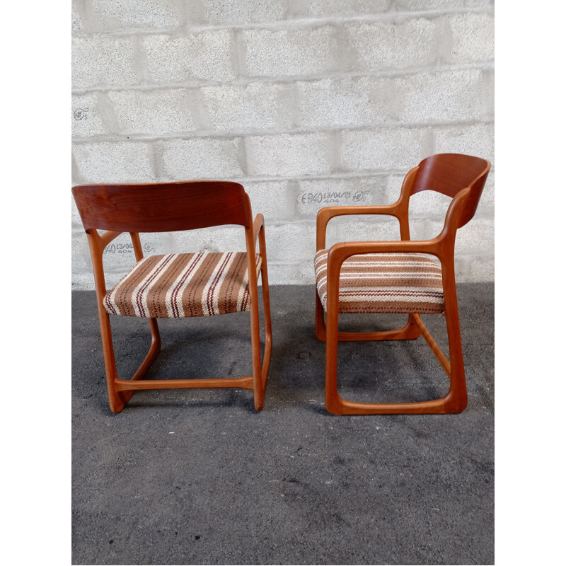 Pair of vintage Baumann armchairs in teak and fabric, 1960