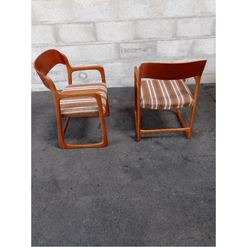 Pair of vintage Baumann armchairs in teak and fabric, 1960