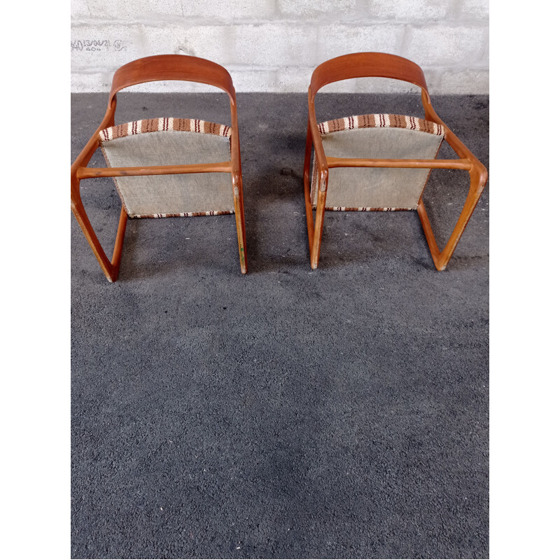 Pair of vintage Baumann armchairs in teak and fabric, 1960