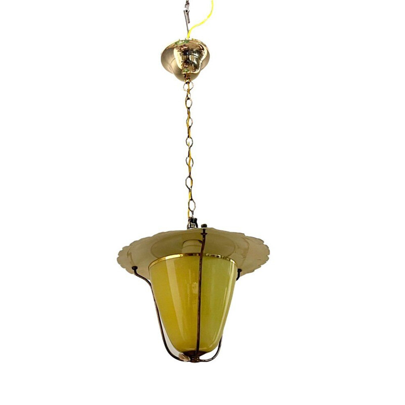 Lámpara colgante italiana vintage de vidrio opalino amarillo, 1950