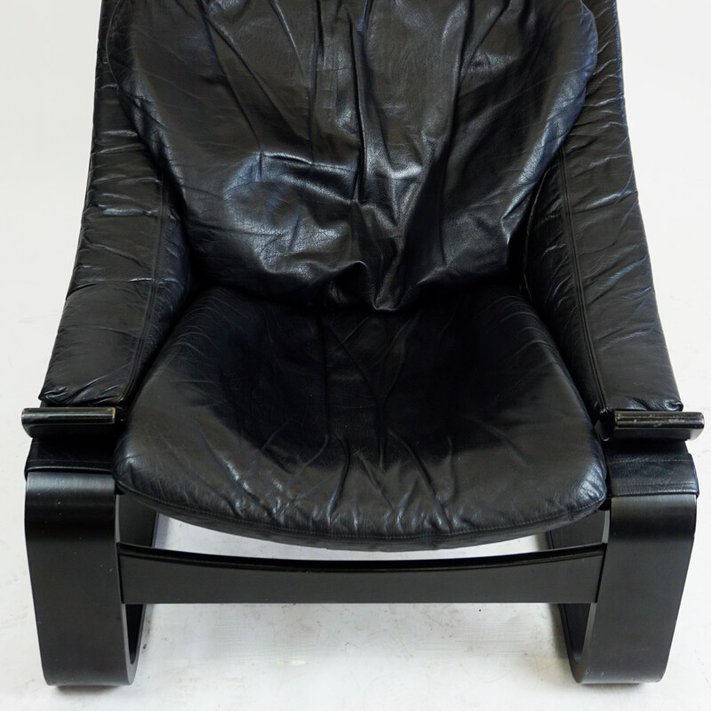 Scandinavian vintage black leather Kroken armchair by Ake Fribytter for Nelo, Sweden