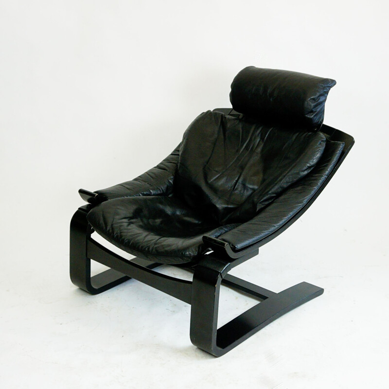 Scandinavian vintage black leather Kroken armchair by Ake Fribytter for Nelo, Sweden