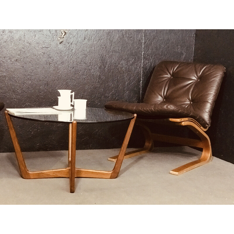 Tavolino vintage in teak massiccio e vetro di Lebus, 1960