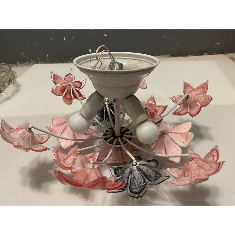 Lámpara colgante italiana vintage de cristal de Murano con flor