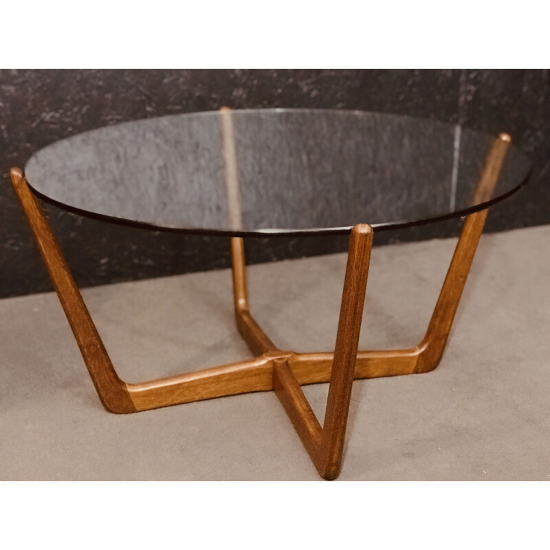 Table basse vintage en teck massif et verre par Lebus, 1960