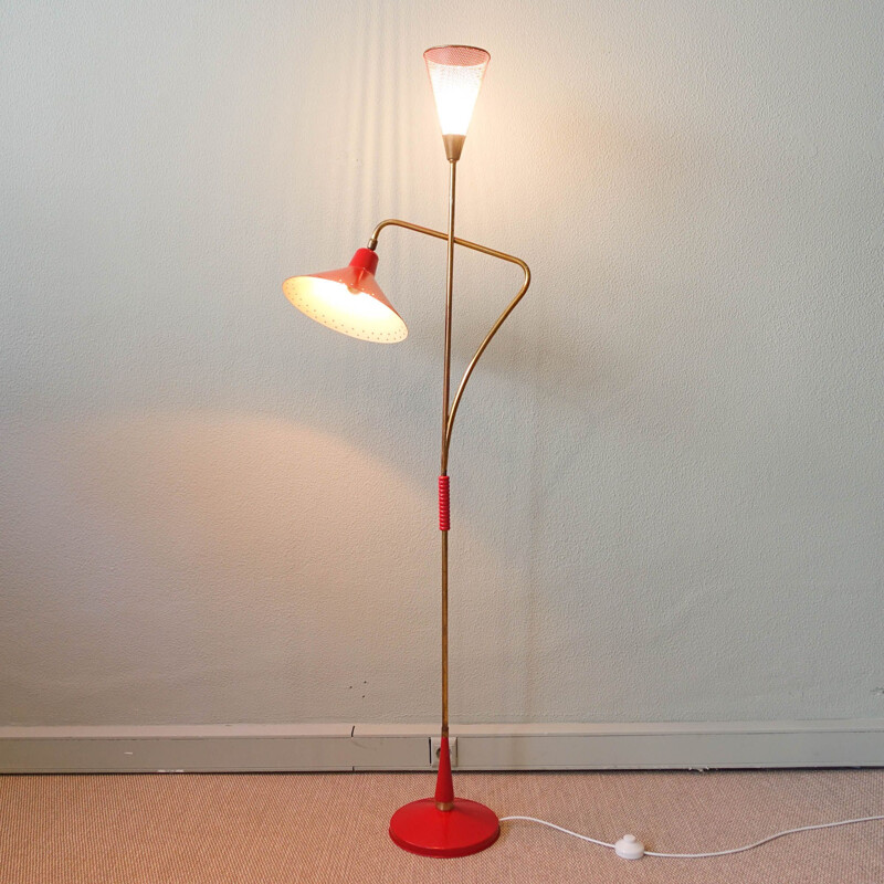 German mid-century red & brass floor lamp, 1950s