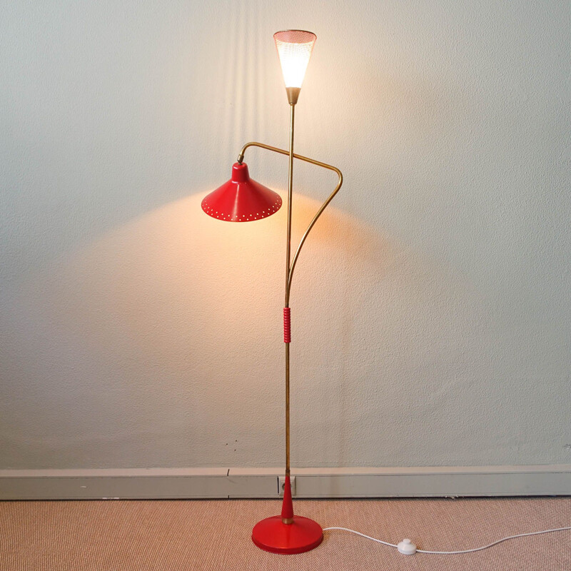 Vintage Duitse rode en koperen vloerlamp, 1950