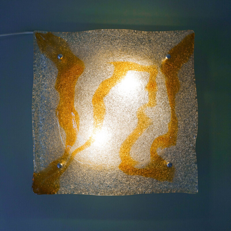Lampada da parete italiana vintage in acciaio e vetro di Toni Zuccheri per Mazzega, 1960