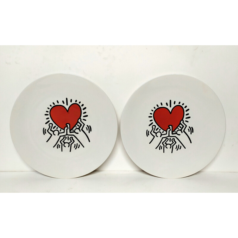 Pair of vintage silk-screened plates by Keith Haring, 1990s