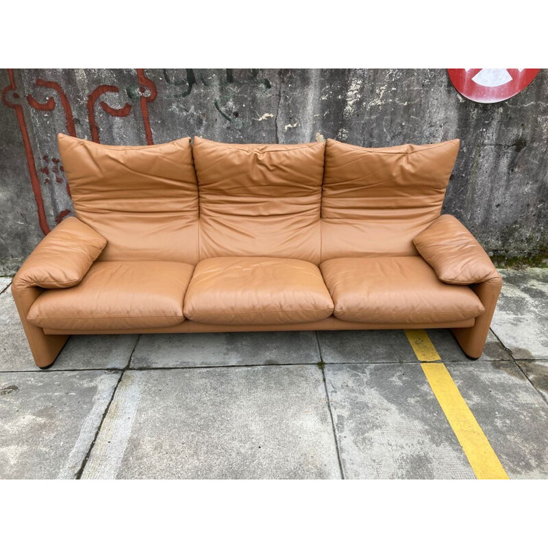 Vintage living room set in cognac leather by Vico Magistretti for Cassina, 1970