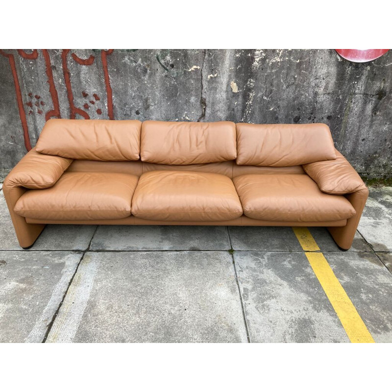 Vintage living room set in cognac leather by Vico Magistretti for Cassina, 1970