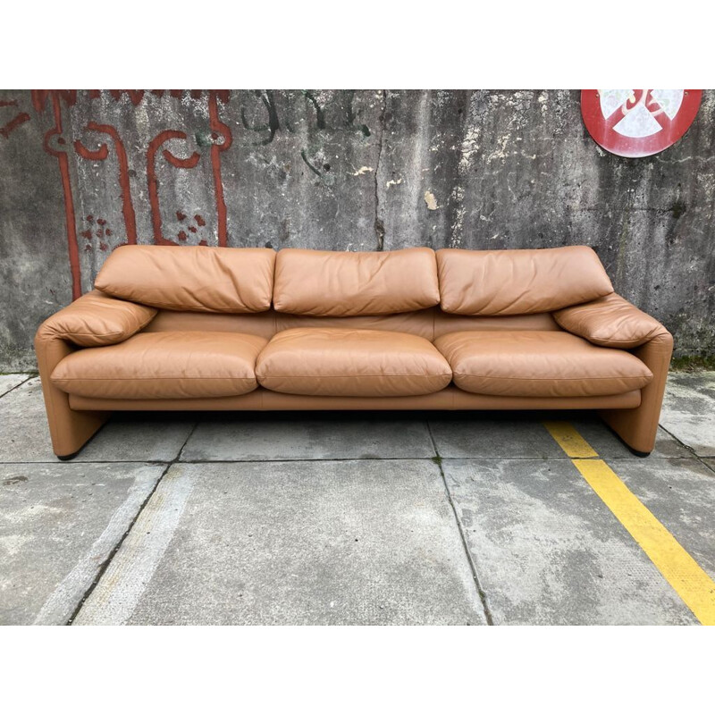 Vintage living room set in cognac leather by Vico Magistretti for Cassina, 1970