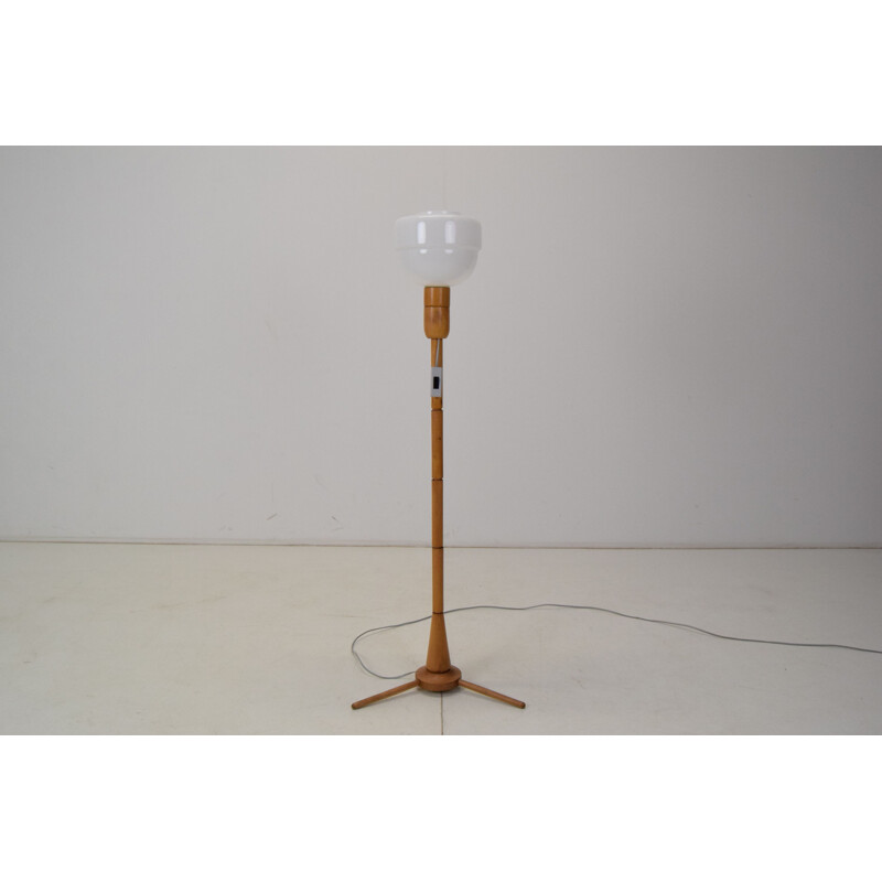 Vintage glass and wood floor lamp by Uluv, Czechoslovakia 1950