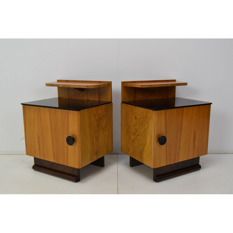 Pair of mid-century wood and glass night stands, Czechoslovakia 1960s