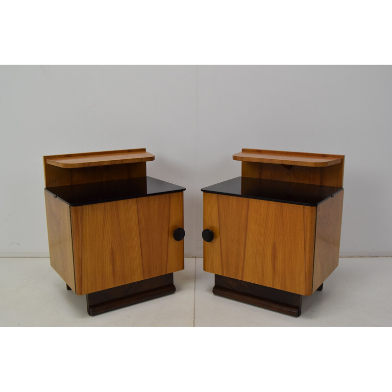 Pair of mid-century wood and glass night stands, Czechoslovakia 1960s