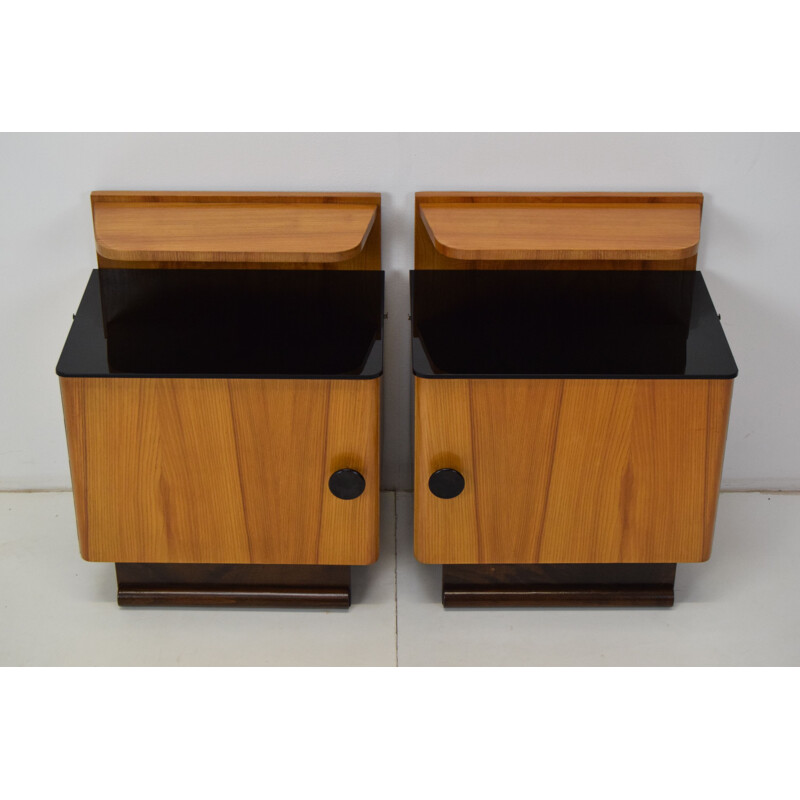 Pair of mid-century wood and glass night stands, Czechoslovakia 1960s