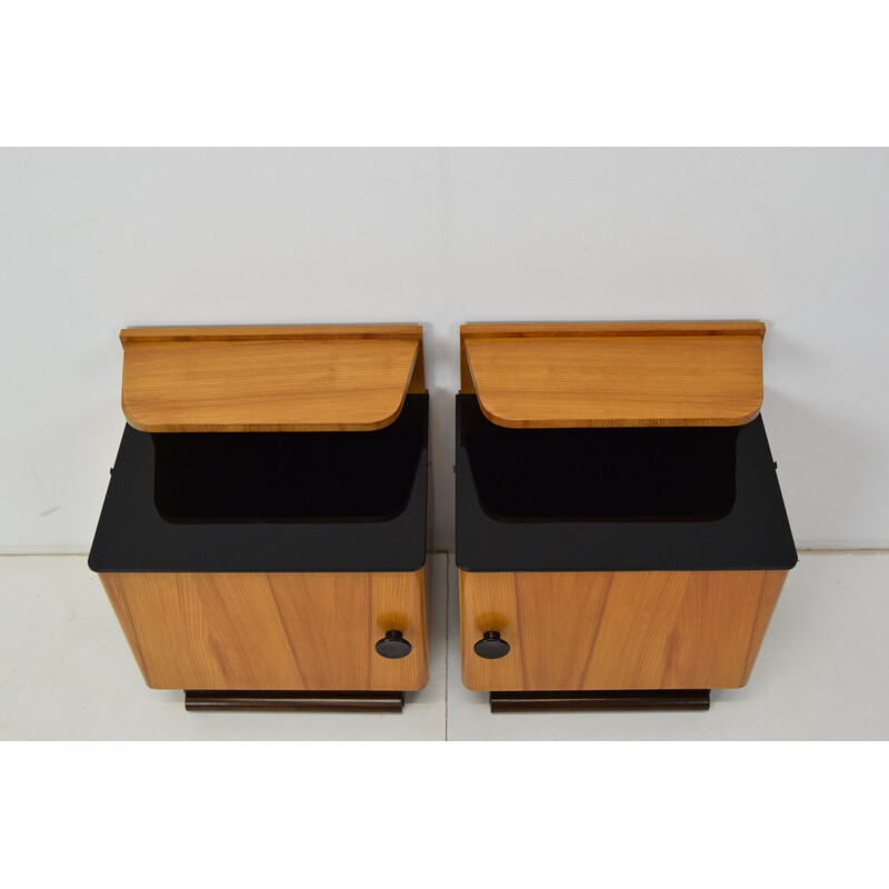 Pair of mid-century wood and glass night stands, Czechoslovakia 1960s