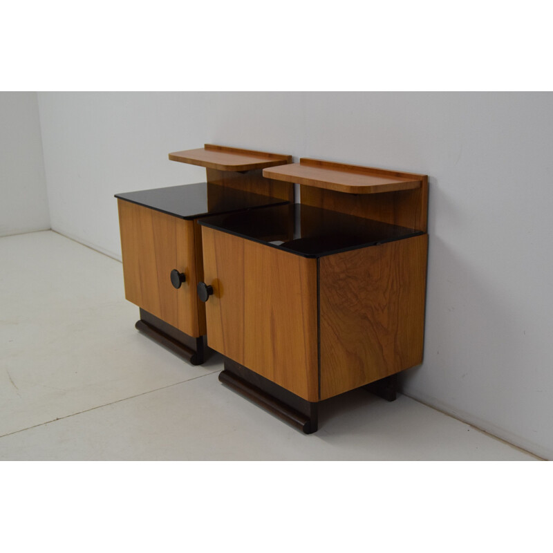 Pair of mid-century wood and glass night stands, Czechoslovakia 1960s