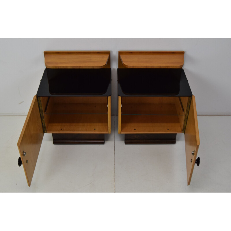 Pair of mid-century wood and glass night stands, Czechoslovakia 1960s