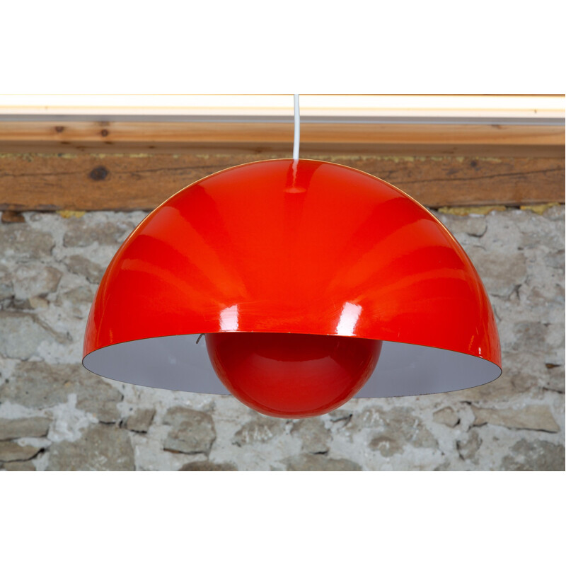 Vintage red lacquered metal pendant lamp by Verner Panton for Louis Poulsen, 1970