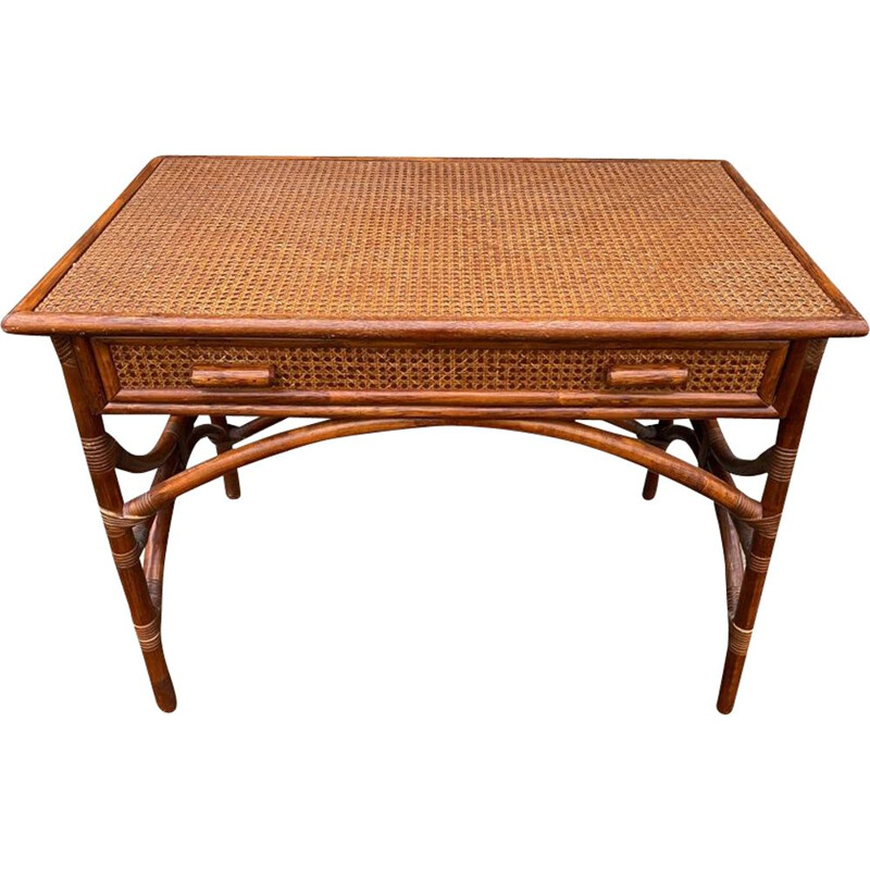 Vintage desk with 1 large drawer in rattan and cane, 1970