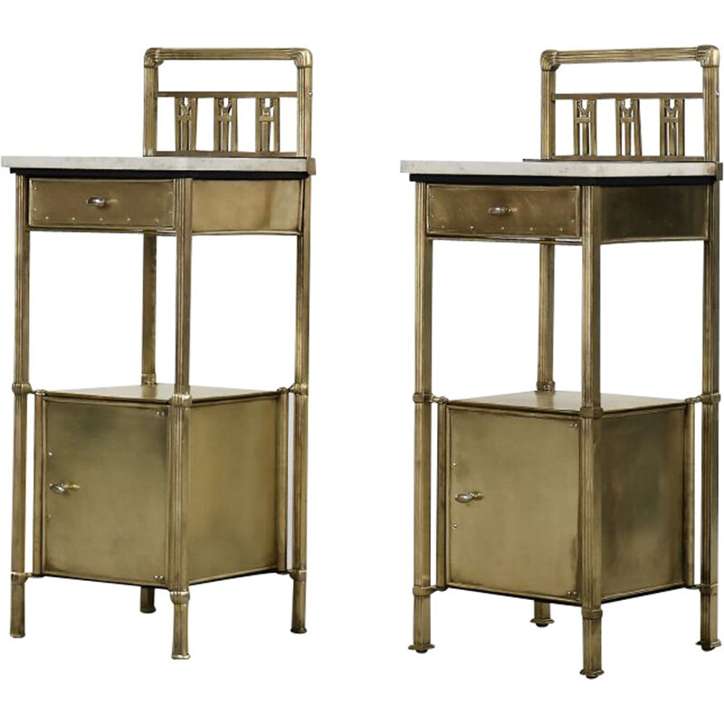 Pair of vintage brass Art Deco night stands with marble tops by Konrad, 1900s